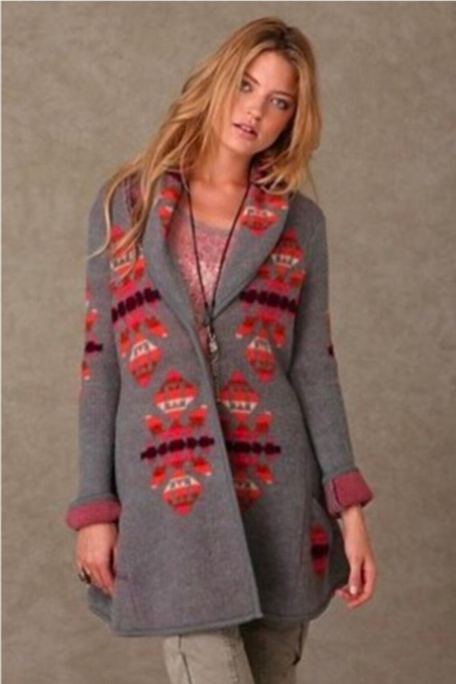 Free People Grey Orange Tribal Aztec Cardigan Sweater